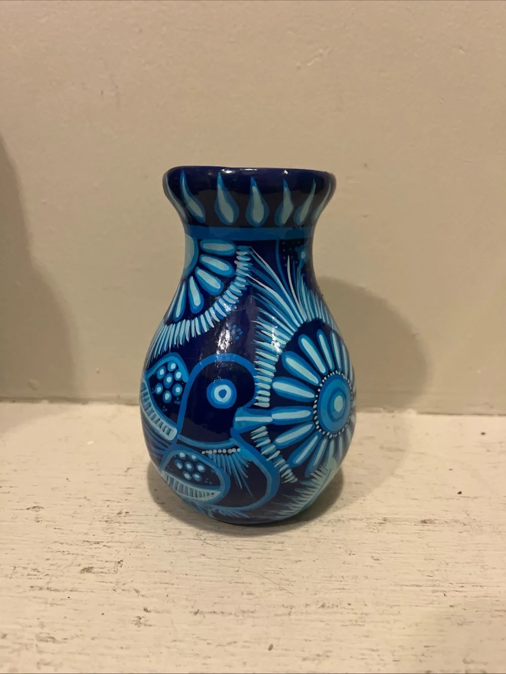 Mexican Hand-Painted Folk Art Red Clay Blue Floral Bud Vase 5”